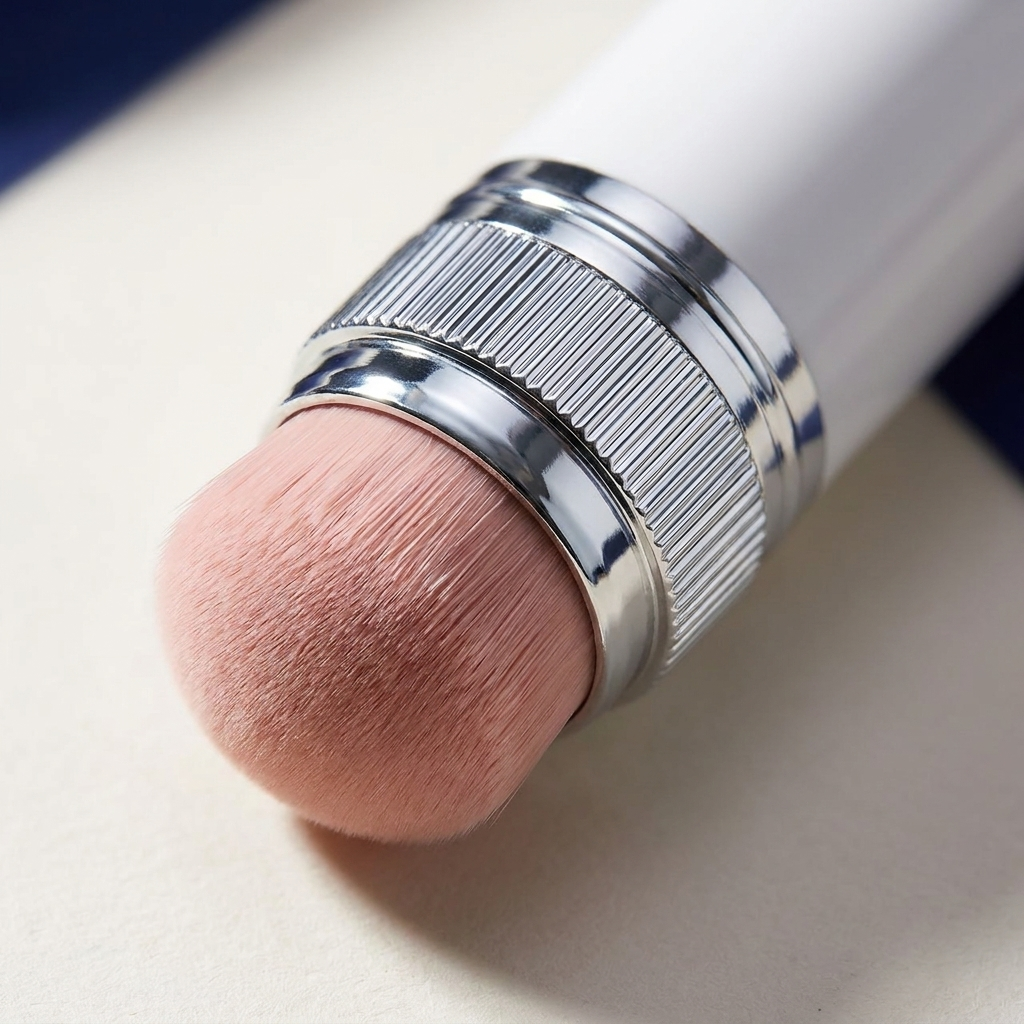 Close-up detail of the foundation stick's chrome ribbed collar and blush-pink blending brush