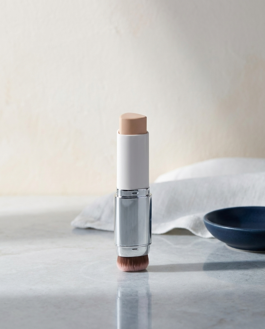 Color Changing Foundation Stick styled on a stone surface with linen and navy ceramic dish