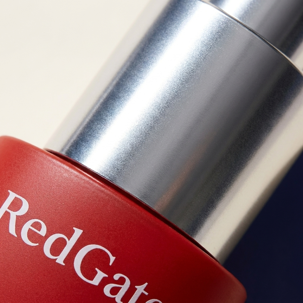 Close-up detail of the Redgate bottle's silver collar band and wordmark