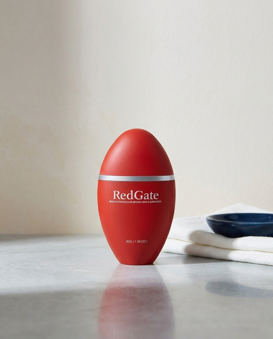 Redgate Sunscreen Cream styled on a stone ledge with linen and navy ceramic dish