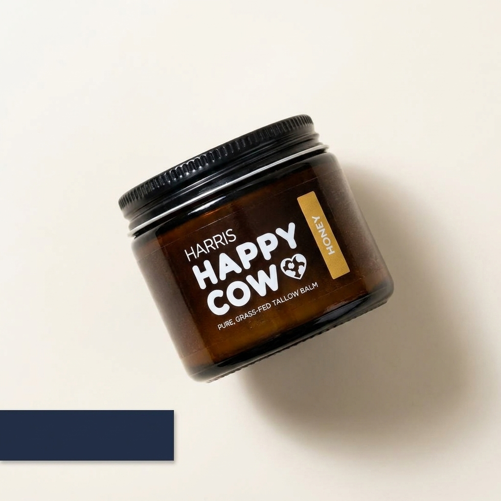 Harris Happy Cow Tallow Balm, closed jar alternate angle with navy accent card