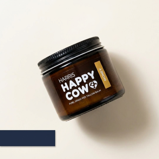 Harris Happy Cow Tallow Balm, closed jar alternate angle with navy accent card