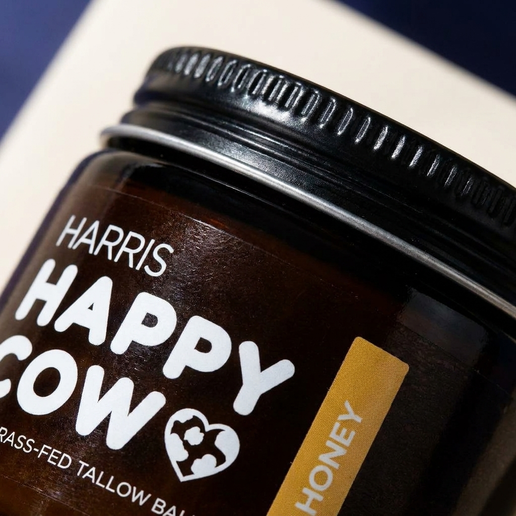 Close-up detail of the Harris Happy Cow jar label, lid texture, and Honey tab