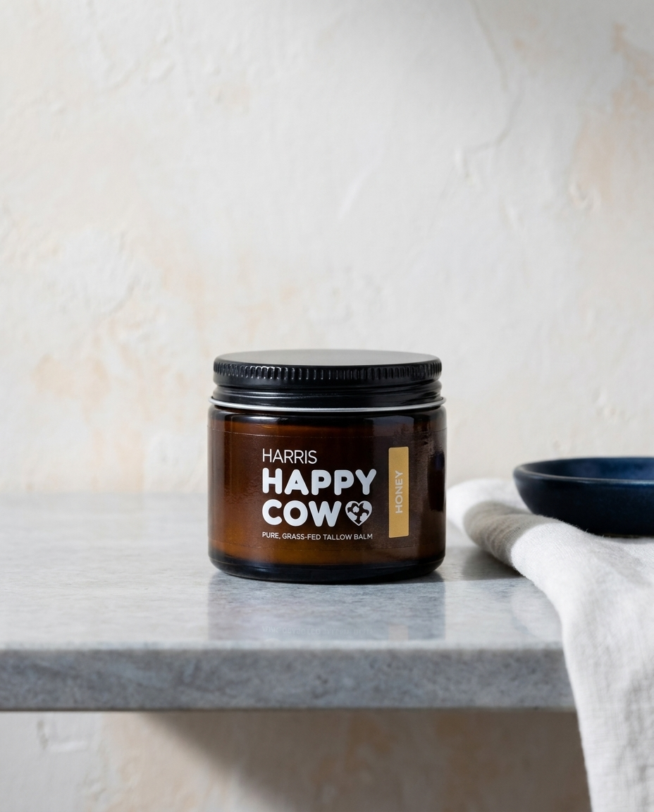 Harris Happy Cow Tallow Balm styled on a stone ledge with linen and navy ceramic dish