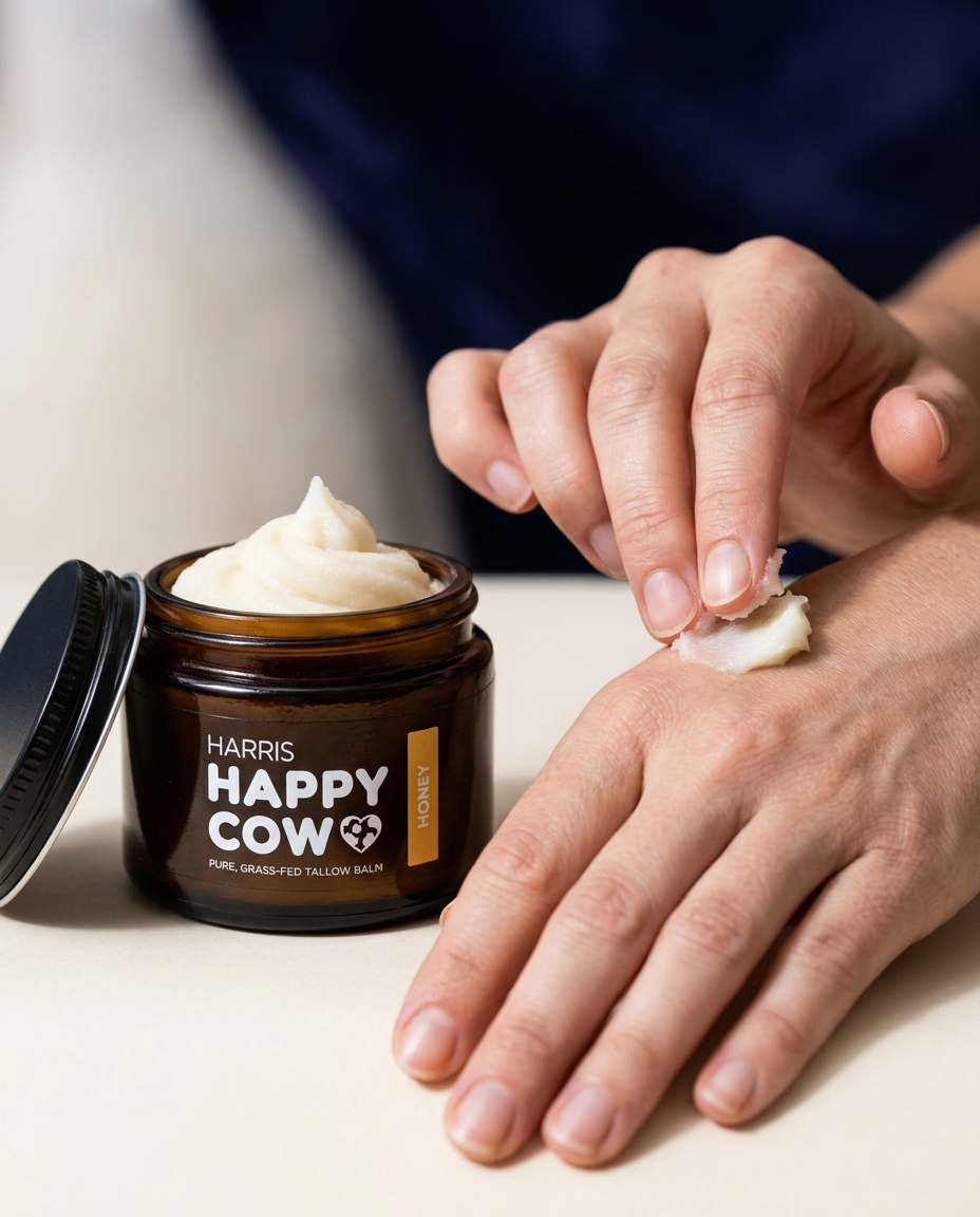 Hands applying Harris Happy Cow Tallow Balm from the open jar
