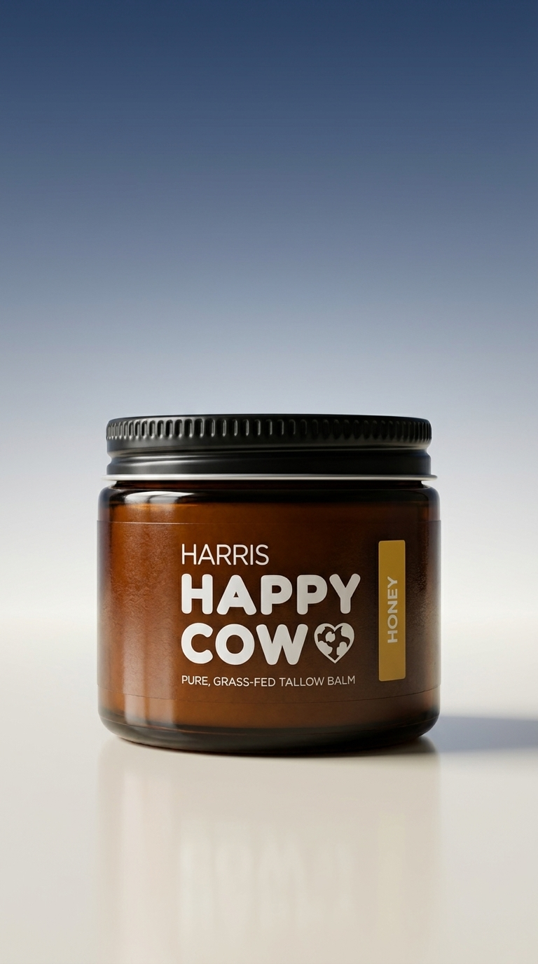Harris Happy Cow Tallow Balm vertical hero shot on cream and deep navy background