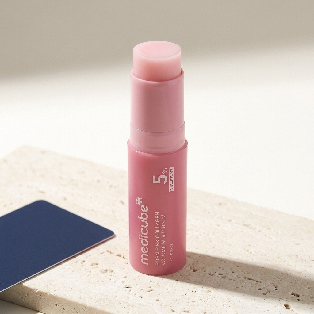 Medicube PDRN Balm Stick, alternate angle with navy accent card