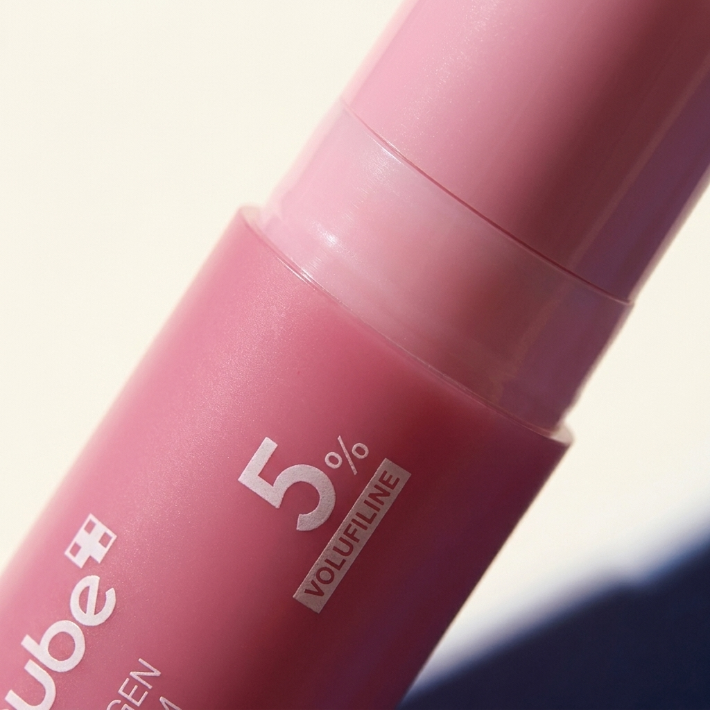Close-up detail of the Medicube stick's 5 percent Volufiline badge and twist seam