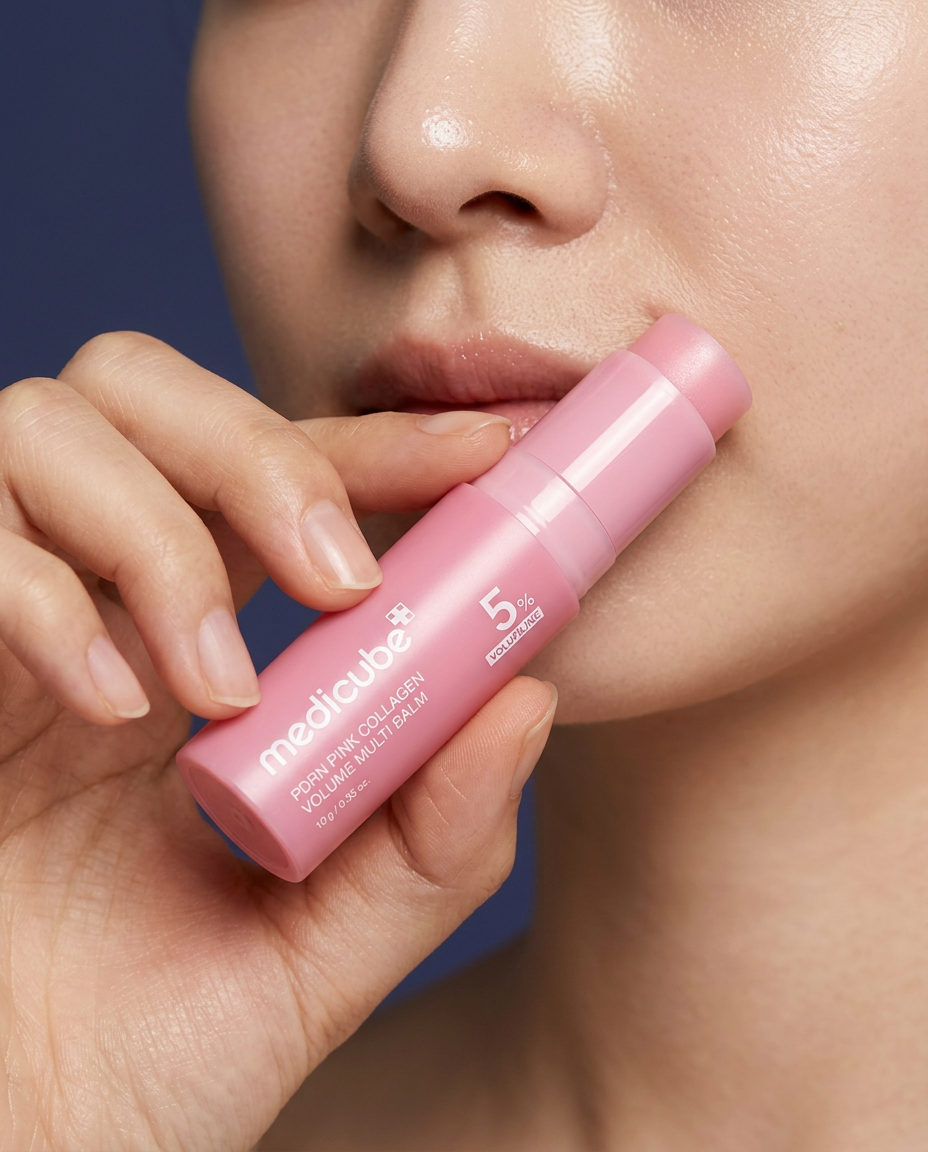 Hand holding the Medicube balm stick near the lower face demonstrating targeted application