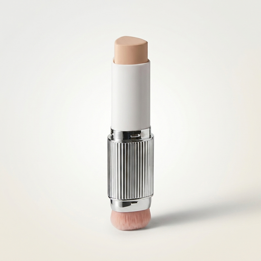 Color Changing Foundation Stick, white twist-up stick with chrome collar and integrated blush-pink blending brush, editorial studio photo on cool cream background