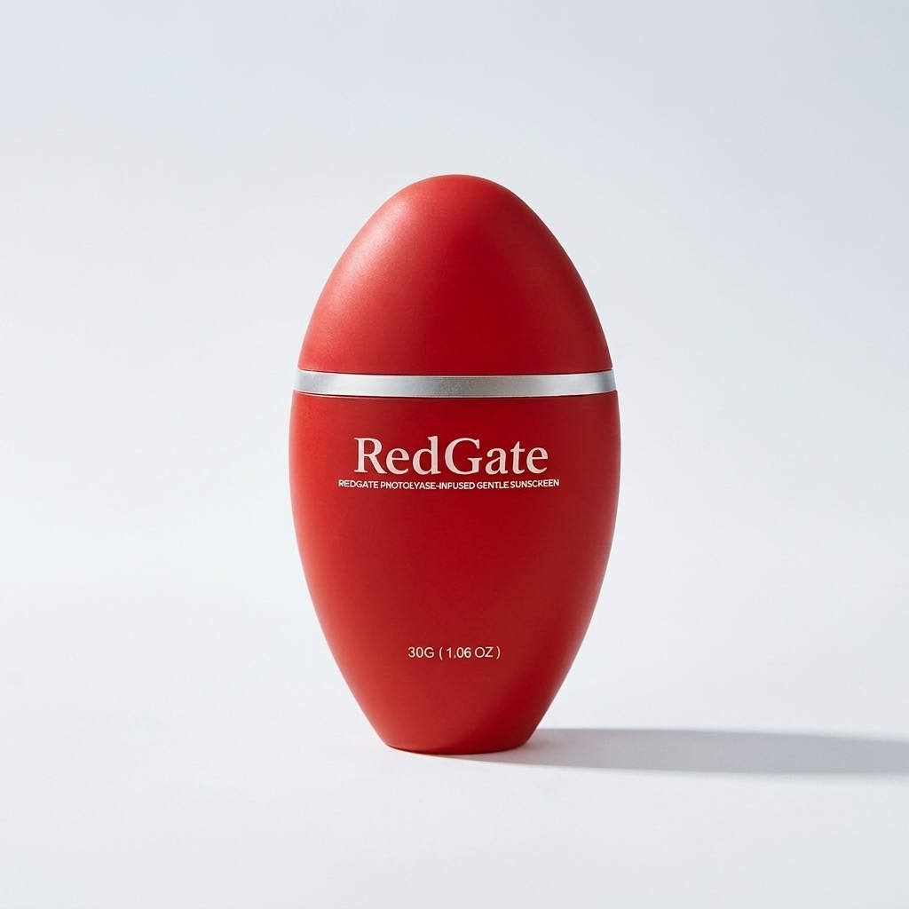 Redgate Photolyase Sunscreen Cream, red egg-shaped bottle with silver collar band, editorial studio photo