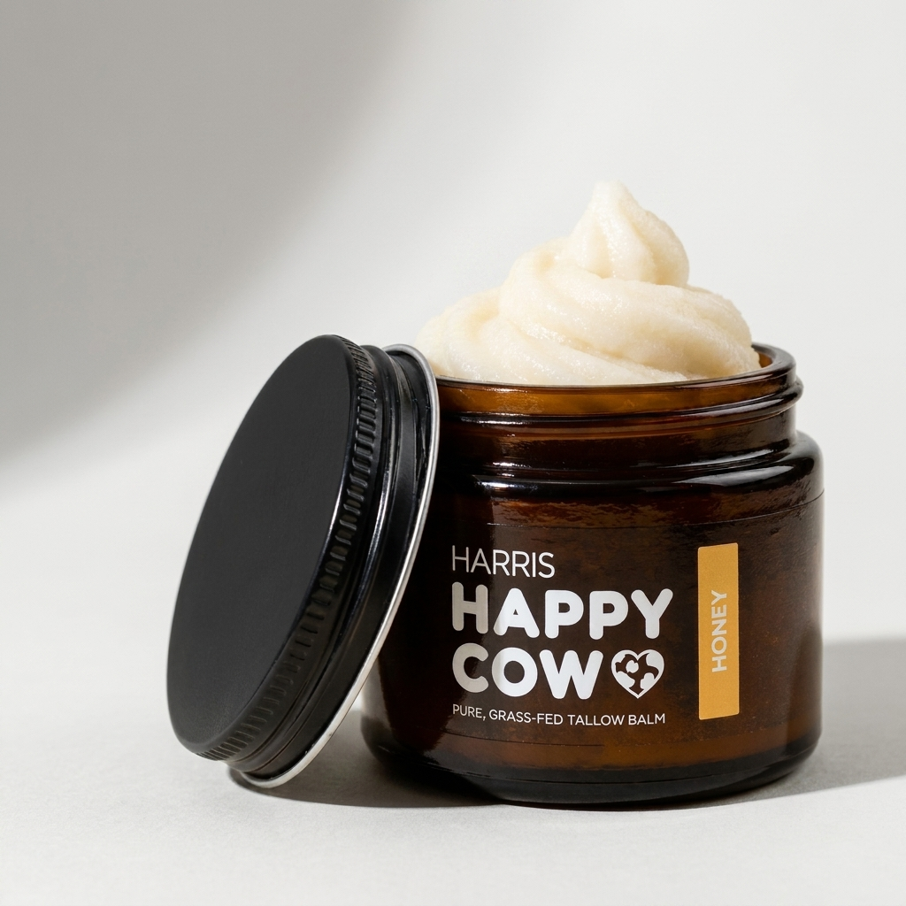 Harris Happy Cow Manuka Honey Tallow Balm, open amber jar with lid beside it and whipped balm, editorial studio photo