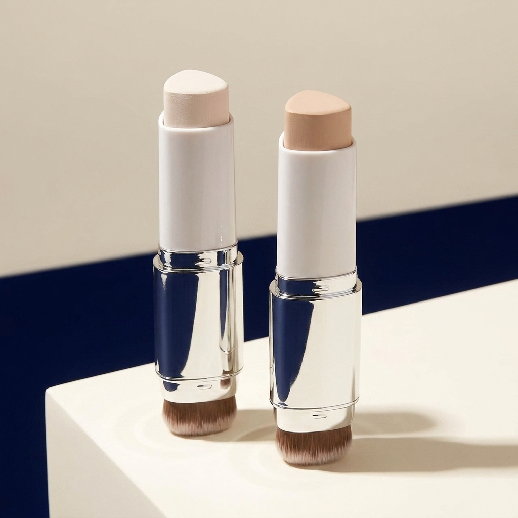 Color Changing Foundation Stick shown in both shades, Ivory White and Natural, side by side on cream and navy background
