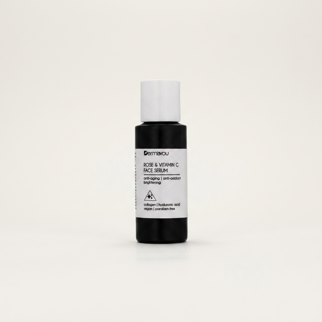 EF_rose-vitamin-c-serum_01_hero - Dermisyou Rose & Vitamin C Face Serum in black bottle with white cap on a cream editorial background