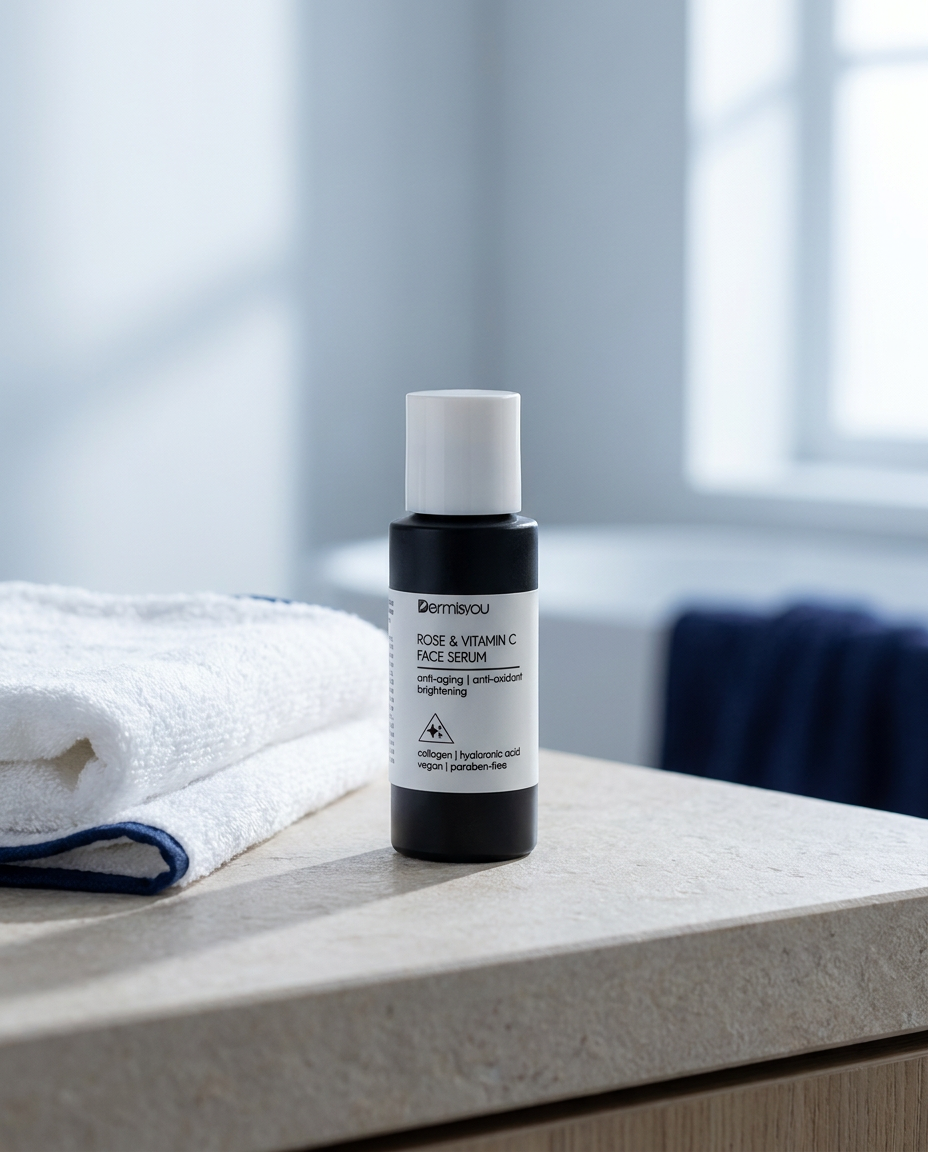 EF_rose-vitamin-c-serum_04_lifestyle - Dermisyou Rose & Vitamin C Face Serum styled on a stone bathroom counter with a folded towel