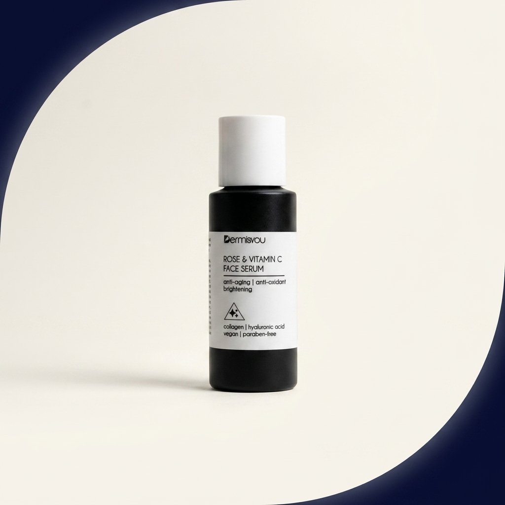 EF_rose-vitamin-c-serum_02_angle - Dermisyou Rose & Vitamin C Face Serum bottle at a three-quarter angle with soft navy accent styling