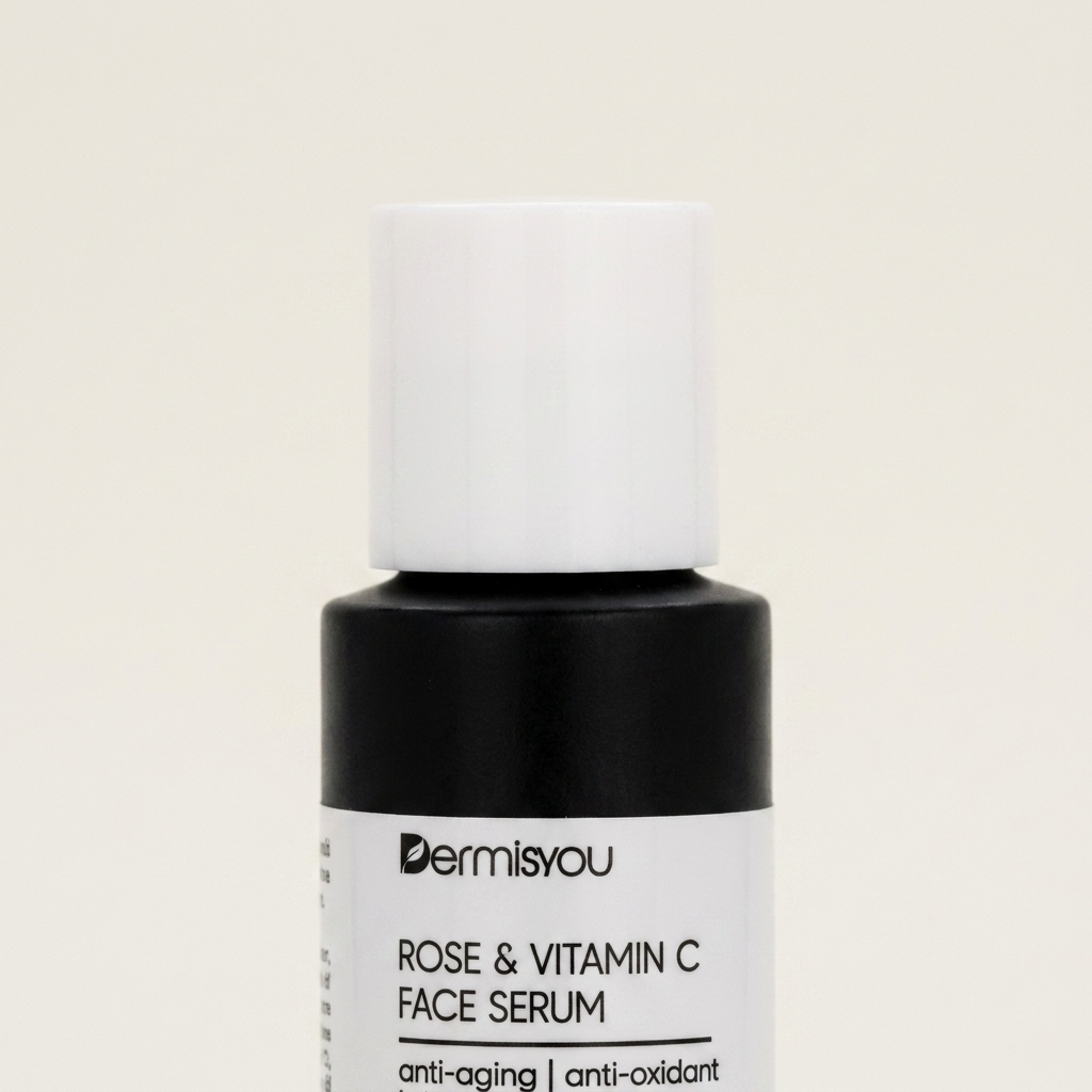 EF_rose-vitamin-c-serum_03_detail - Close-up of the Dermisyou Rose & Vitamin C Face Serum cap and label detail