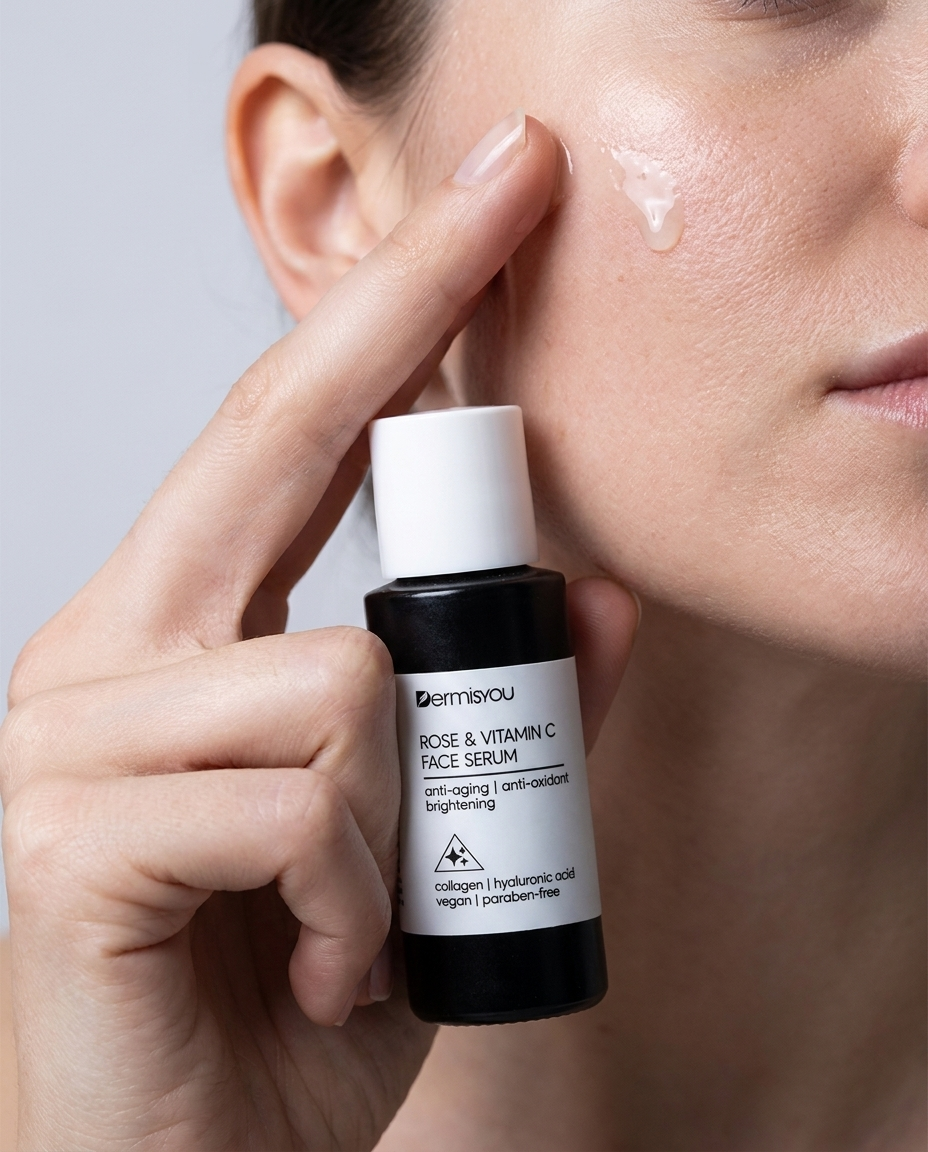 EF_rose-vitamin-c-serum_05_in-use - Serum being applied to the cheek with the Dermisyou Rose & Vitamin C Face Serum bottle held in hand