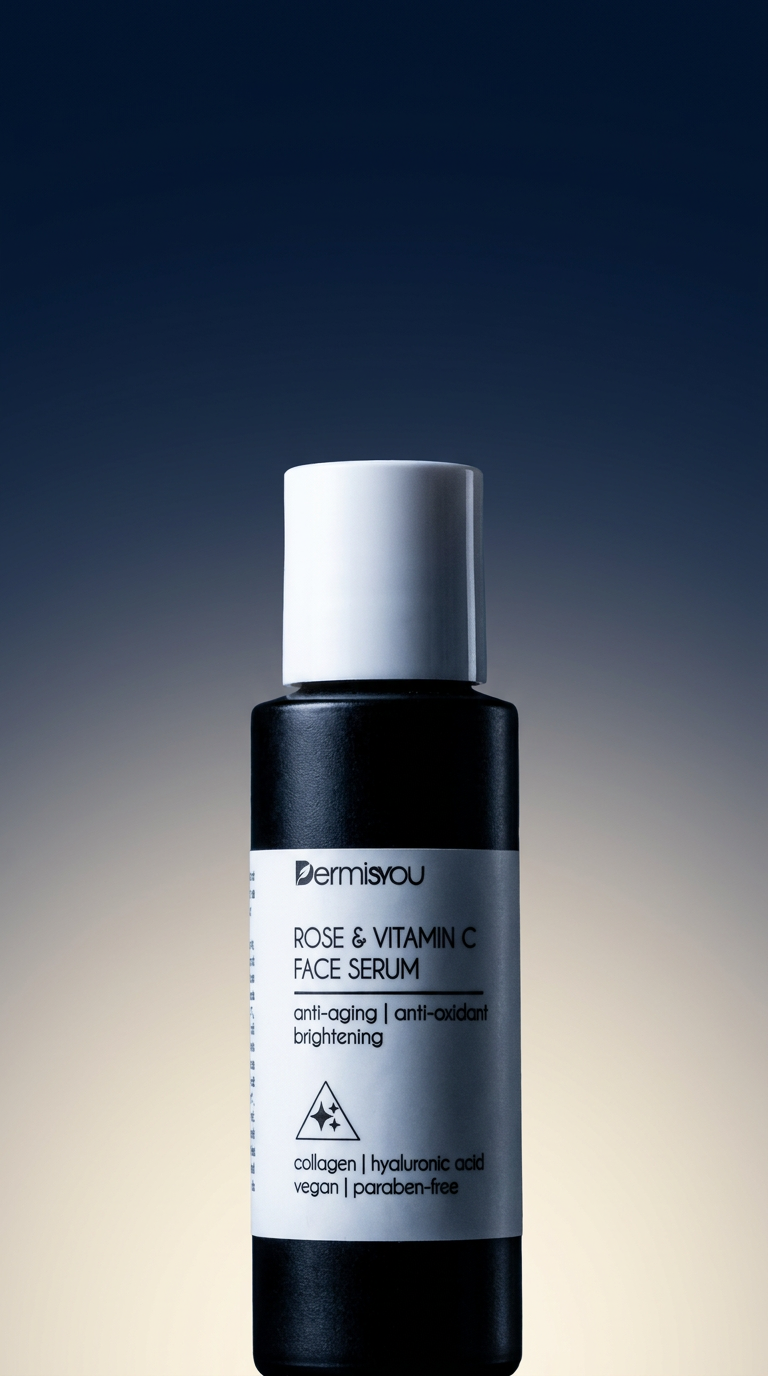 EF_rose-vitamin-c-serum_06_vertical-ad - Vertical advertising image of Dermisyou Rose & Vitamin C Face Serum on a cream to navy gradient background